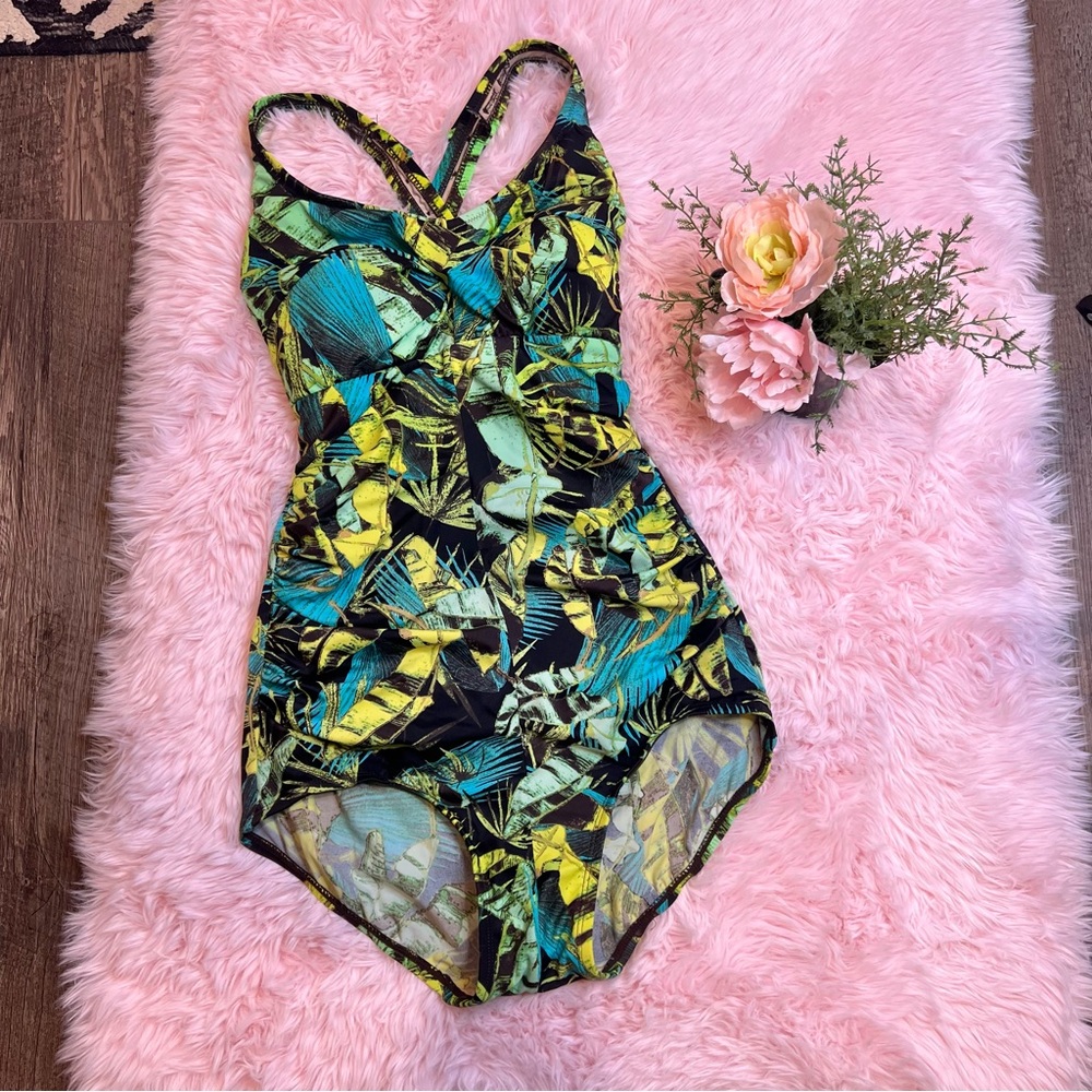 T.H.E Swimsuit Black Blue Green Tropical Floral One Piece Swimsuit Sz 6